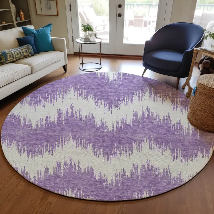 8' Purple And Ivory Round Chevron Washable Indoor Outdoor Area Rug