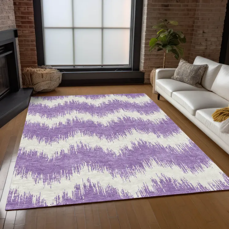 9' X 12' Purple And Ivory Chevron Washable Indoor Outdoor Area Rug