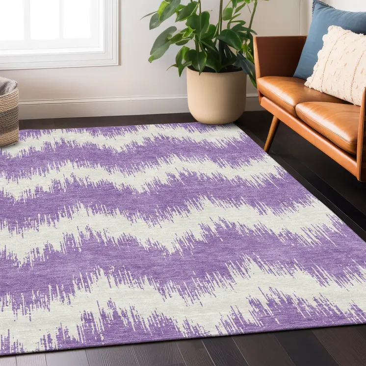 10' X 14' Purple And Ivory Chevron Washable Indoor Outdoor Area Rug