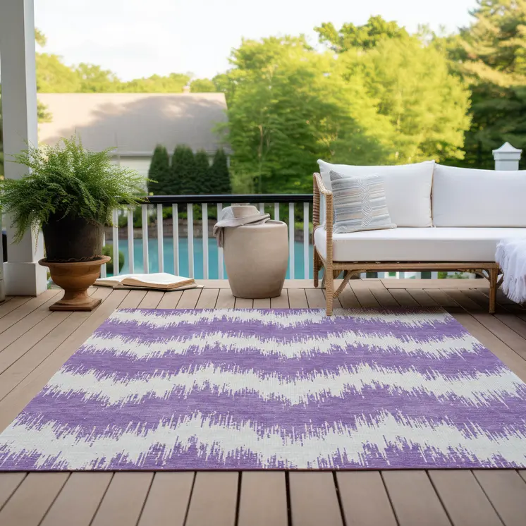10' X 14' Purple And Ivory Chevron Washable Indoor Outdoor Area Rug