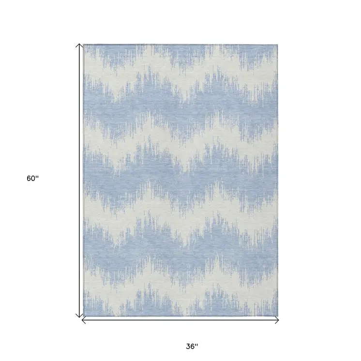 3' X 5' Sky Blue And Ivory Chevron Washable Indoor Outdoor Area Rug
