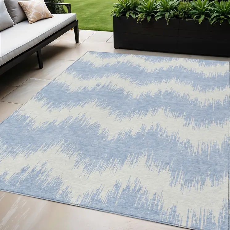 5' X 8' Sky Blue And Ivory Chevron Washable Indoor Outdoor Area Rug