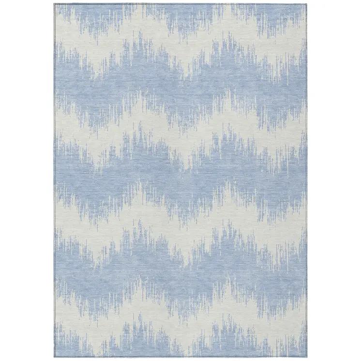 5' X 8' Sky Blue And Ivory Chevron Washable Indoor Outdoor Area Rug