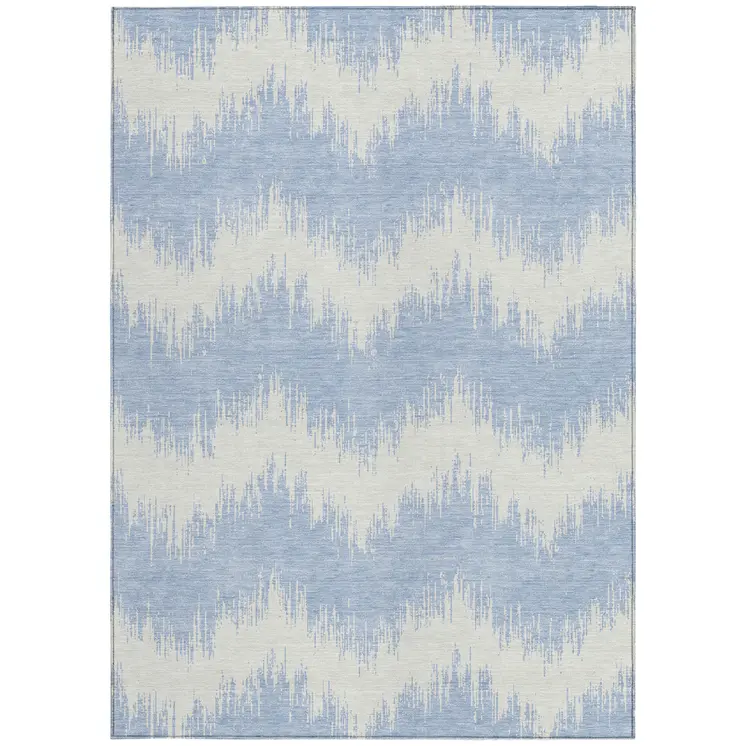 5' X 8' Sky Blue And Ivory Chevron Washable Indoor Outdoor Area Rug