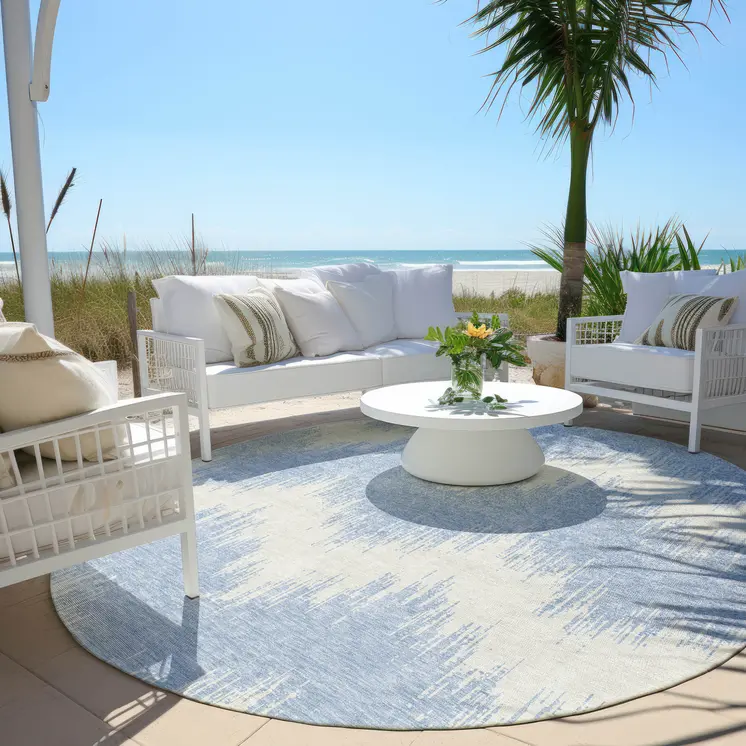 8' Sky Blue And Ivory Round Chevron Washable Indoor Outdoor Area Rug