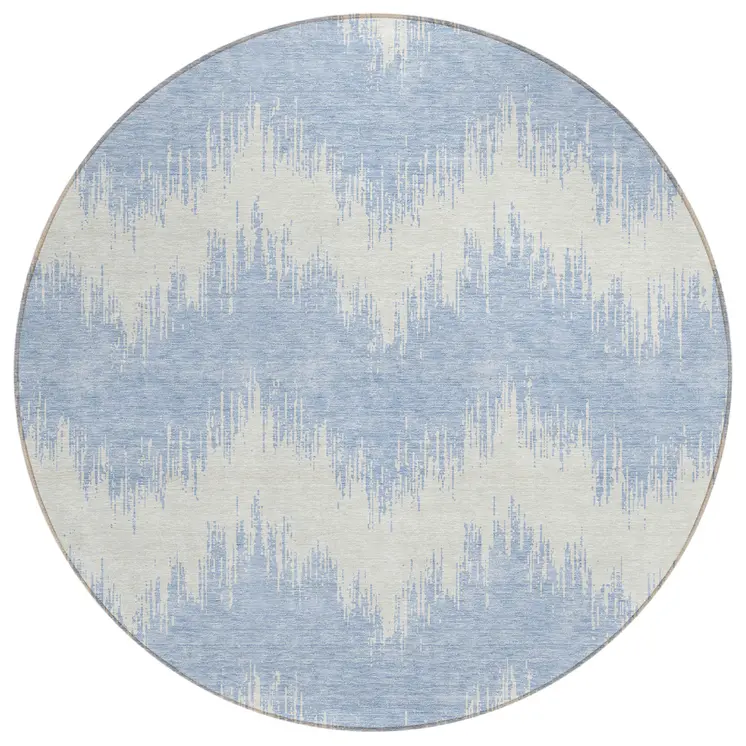 8' Sky Blue And Ivory Round Chevron Washable Indoor Outdoor Area Rug