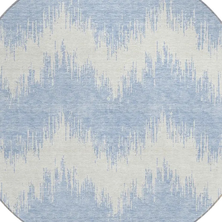 8' Sky Blue And Ivory Round Chevron Washable Indoor Outdoor Area Rug