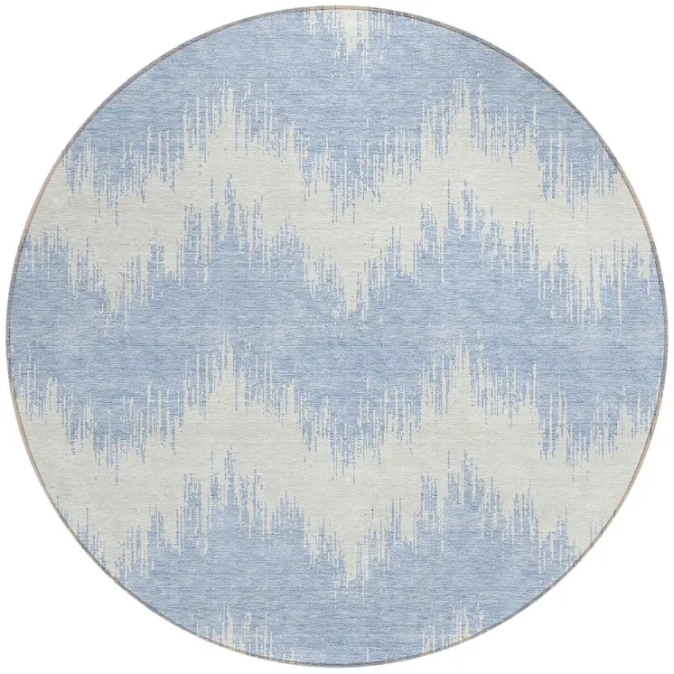 8' Sky Blue And Ivory Round Chevron Washable Indoor Outdoor Area Rug