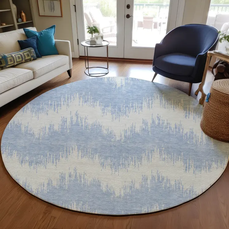 8' Sky Blue And Ivory Round Chevron Washable Indoor Outdoor Area Rug