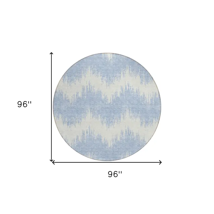 8' Sky Blue And Ivory Round Chevron Washable Indoor Outdoor Area Rug
