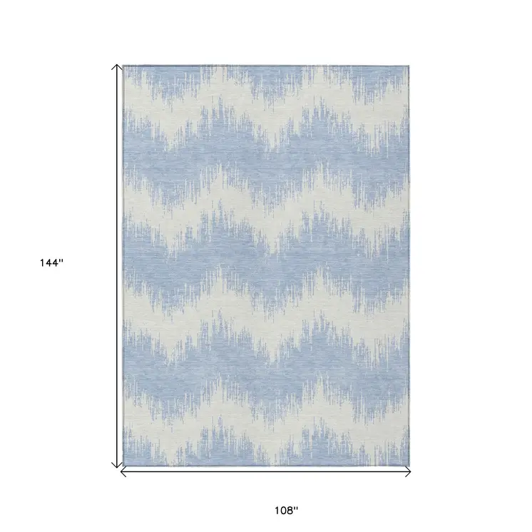9' X 12' Sky Blue And Ivory Chevron Washable Indoor Outdoor Area Rug
