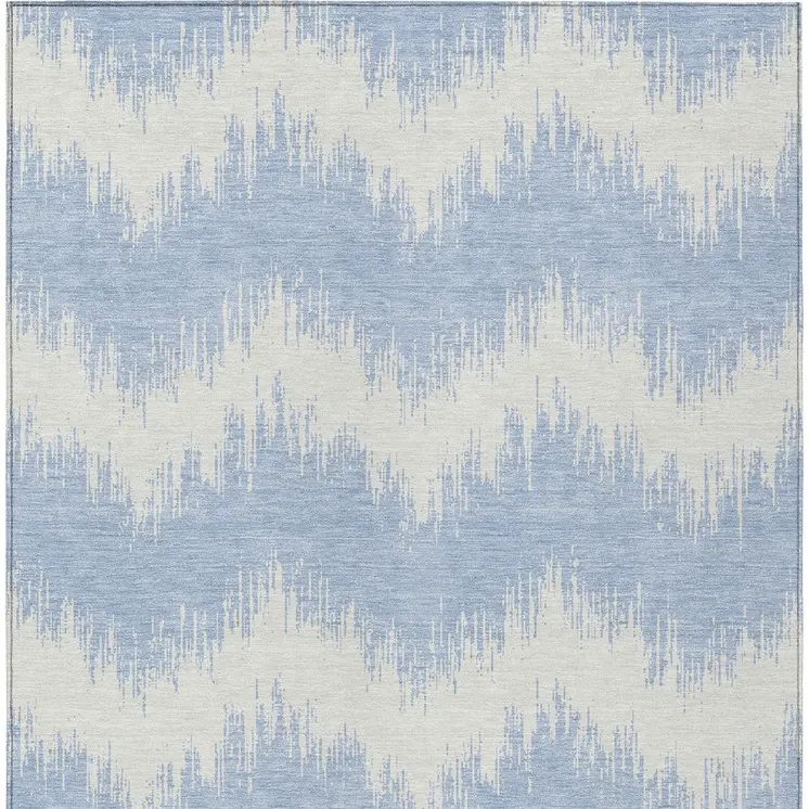 9' X 12' Sky Blue And Ivory Chevron Washable Indoor Outdoor Area Rug
