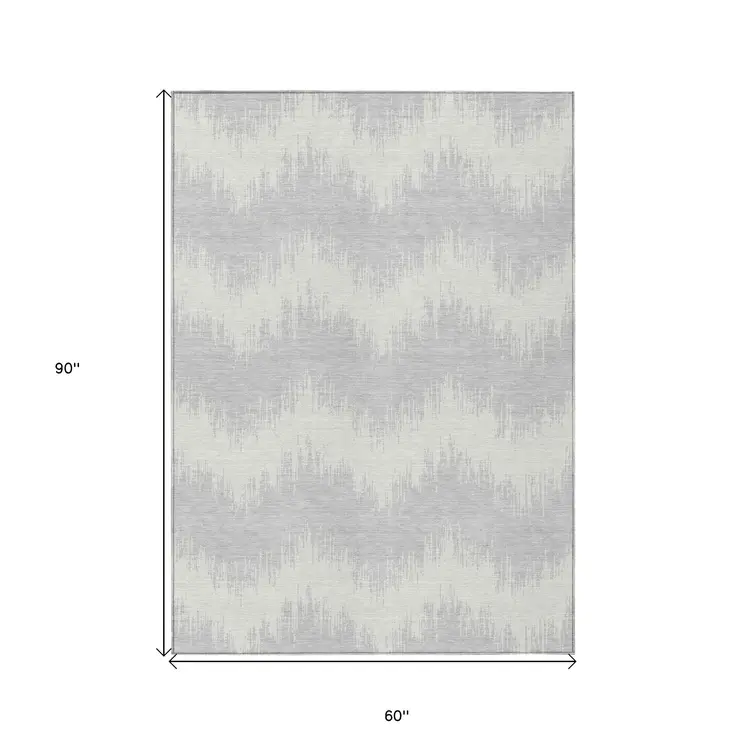 5' X 8' Silver And Gray Chevron Washable Indoor Outdoor Area Rug