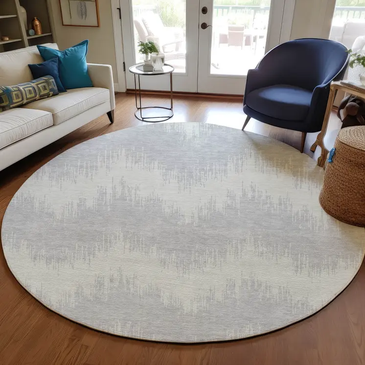 8' Silver And Gray Round Chevron Washable Indoor Outdoor Area Rug