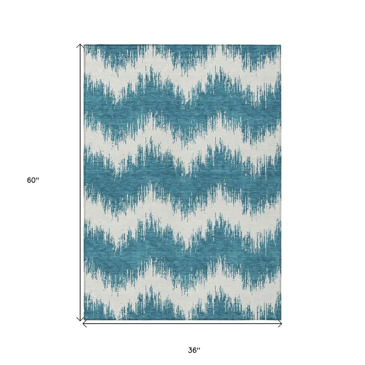 3' X 5' Teal Blue And Ivory Chevron Washable Indoor Outdoor Area Rug