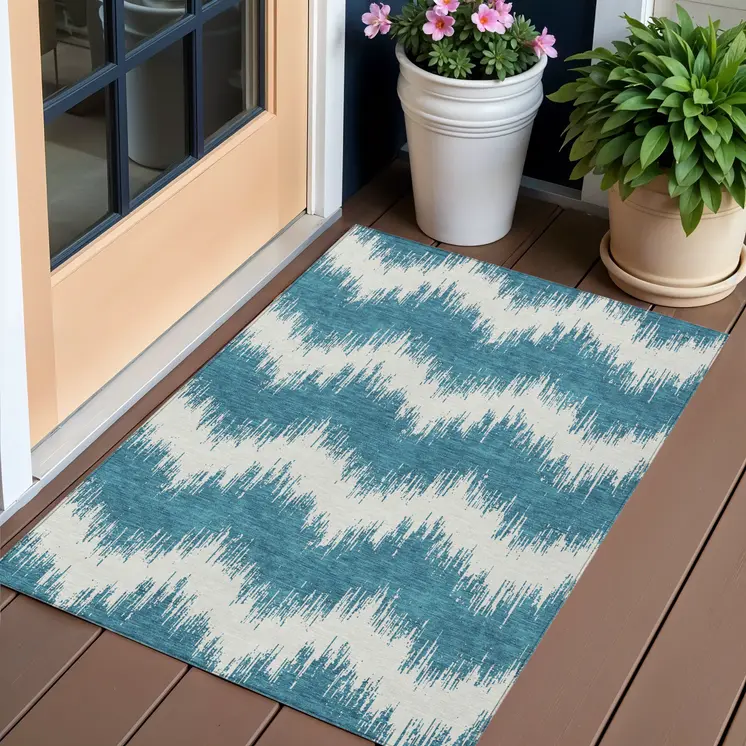 3' X 5' Teal Blue And Ivory Chevron Washable Indoor Outdoor Area Rug