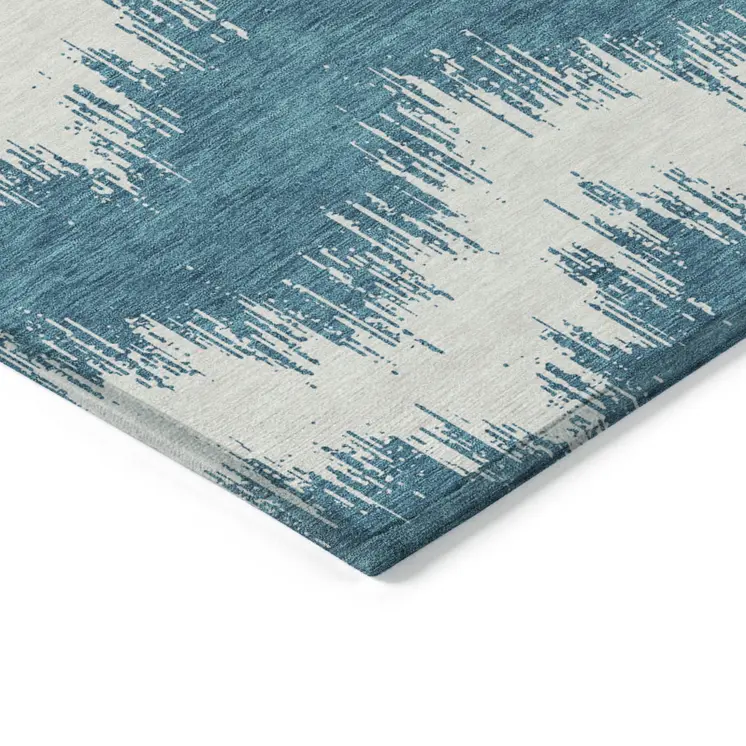 3' X 5' Teal Blue And Ivory Chevron Washable Indoor Outdoor Area Rug