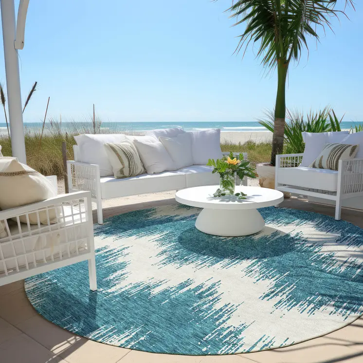 8' Teal Blue And Ivory Round Chevron Washable Indoor Outdoor Area Rug