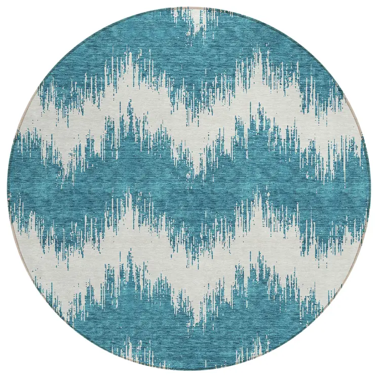 8' Teal Blue And Ivory Round Chevron Washable Indoor Outdoor Area Rug