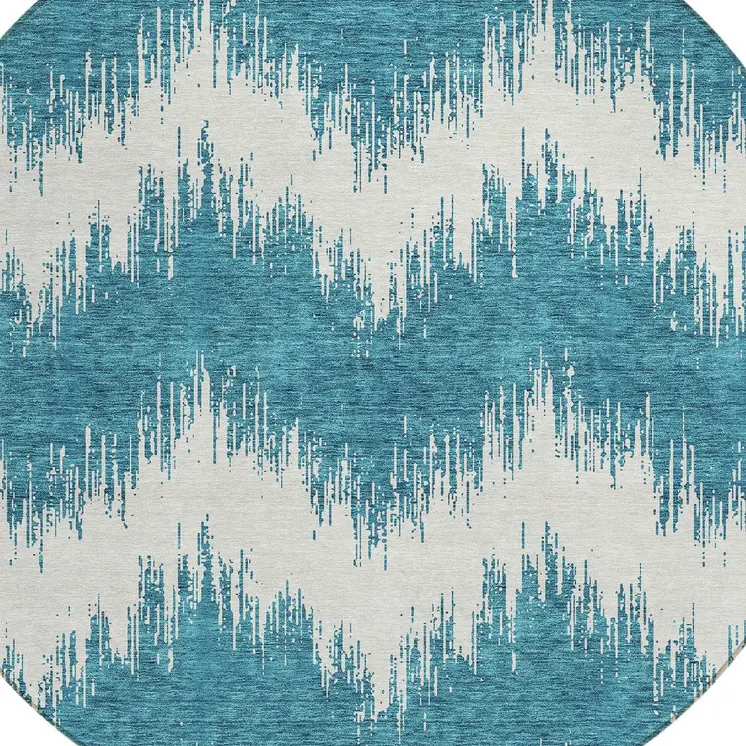 8' Teal Blue And Ivory Round Chevron Washable Indoor Outdoor Area Rug
