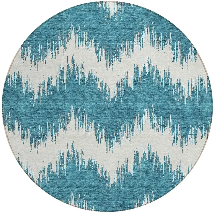 8' Teal Blue And Ivory Round Chevron Washable Indoor Outdoor Area Rug