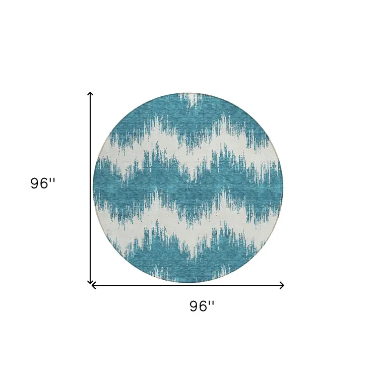 8' Teal Blue And Ivory Round Chevron Washable Indoor Outdoor Area Rug