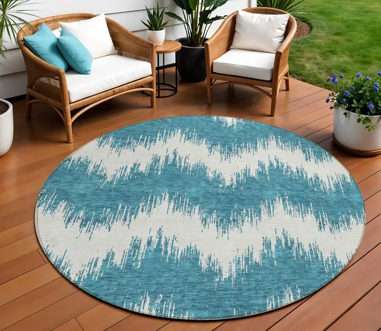 8' Teal Blue And Ivory Round Chevron Washable Indoor Outdoor Area Rug