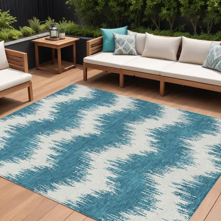 8' X 10' Teal Blue And Ivory Chevron Washable Indoor Outdoor Area Rug