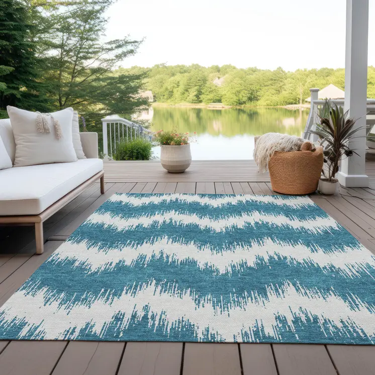 8' X 10' Teal Blue And Ivory Chevron Washable Indoor Outdoor Area Rug