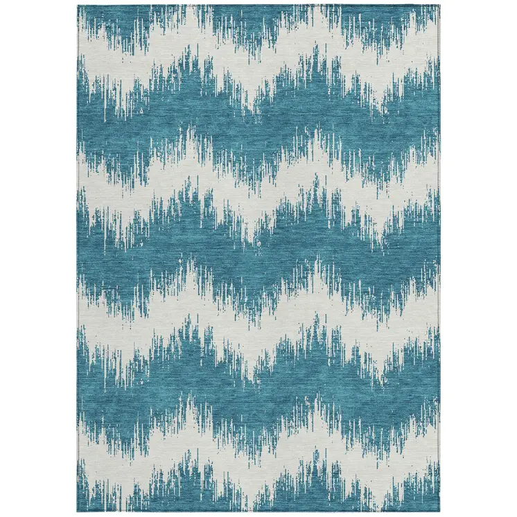 8' X 10' Teal Blue And Ivory Chevron Washable Indoor Outdoor Area Rug