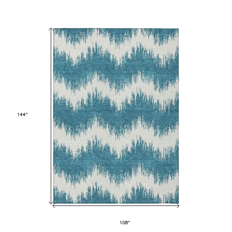 9' X 12' Teal Blue And Ivory Chevron Washable Indoor Outdoor Area Rug