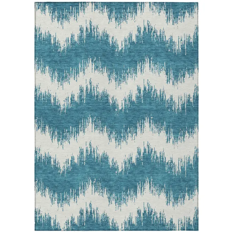 9' X 12' Teal Blue And Ivory Chevron Washable Indoor Outdoor Area Rug