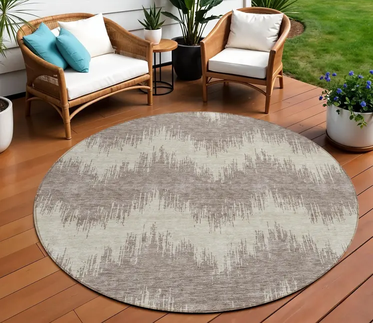 8' Taupe And Ivory Round Chevron Washable Indoor Outdoor Area Rug