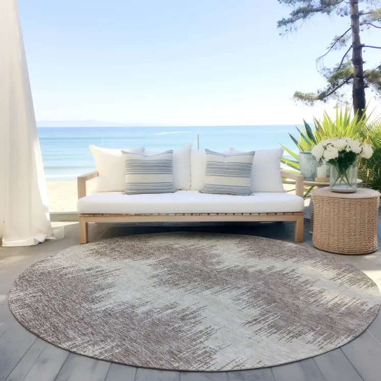 8' Taupe And Ivory Round Chevron Washable Indoor Outdoor Area Rug