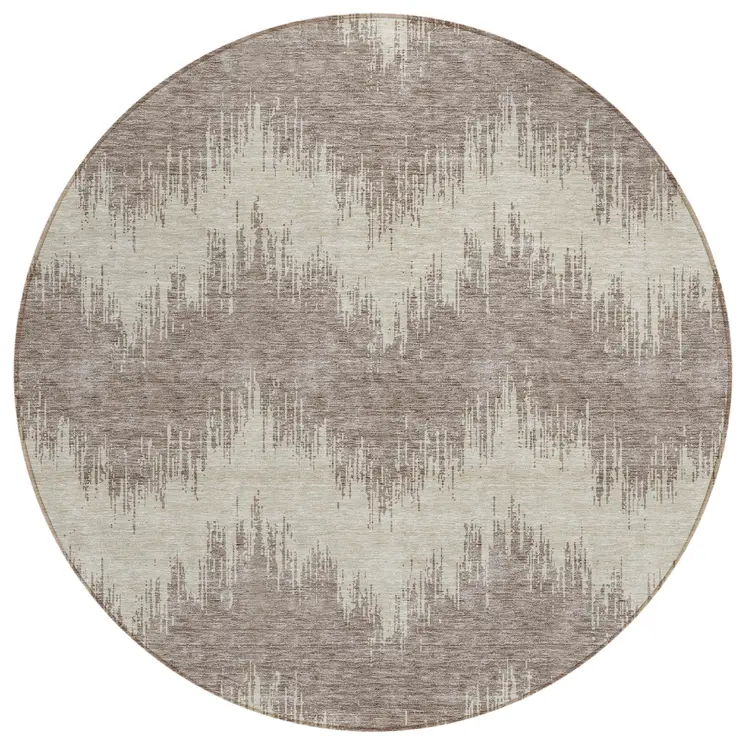 8' Taupe And Ivory Round Chevron Washable Indoor Outdoor Area Rug