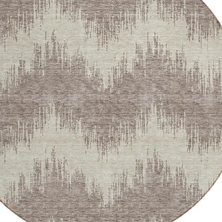 8' Taupe And Ivory Round Chevron Washable Indoor Outdoor Area Rug