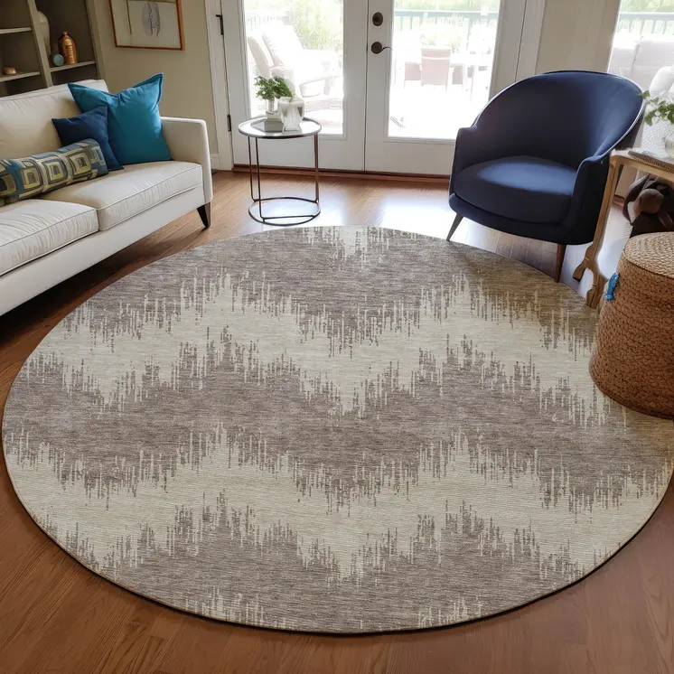 8' Taupe And Ivory Round Chevron Washable Indoor Outdoor Area Rug