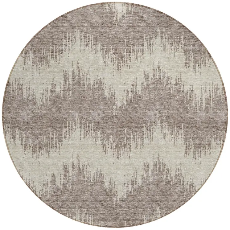 8' Taupe And Ivory Round Chevron Washable Indoor Outdoor Area Rug
