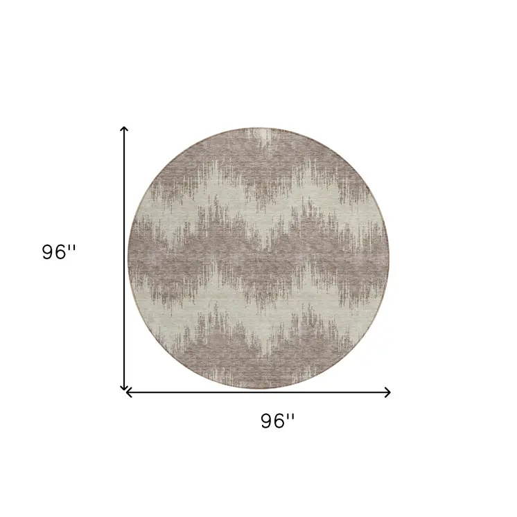 8' Taupe And Ivory Round Chevron Washable Indoor Outdoor Area Rug