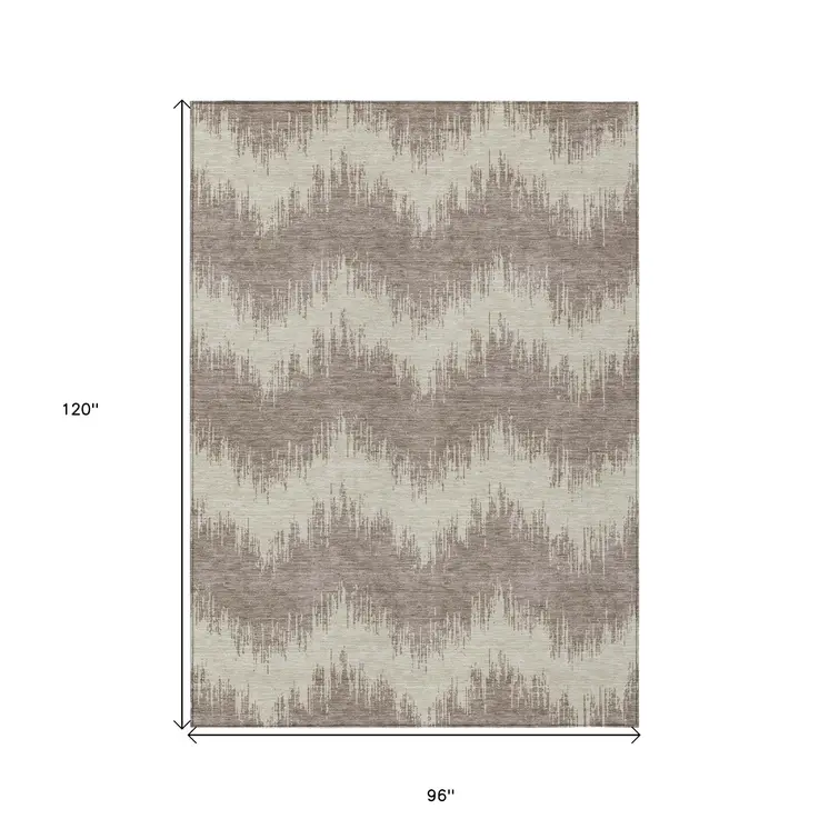 8' X 10' Taupe And Ivory Chevron Washable Indoor Outdoor Area Rug