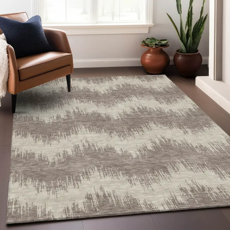 8' X 10' Taupe And Ivory Chevron Washable Indoor Outdoor Area Rug