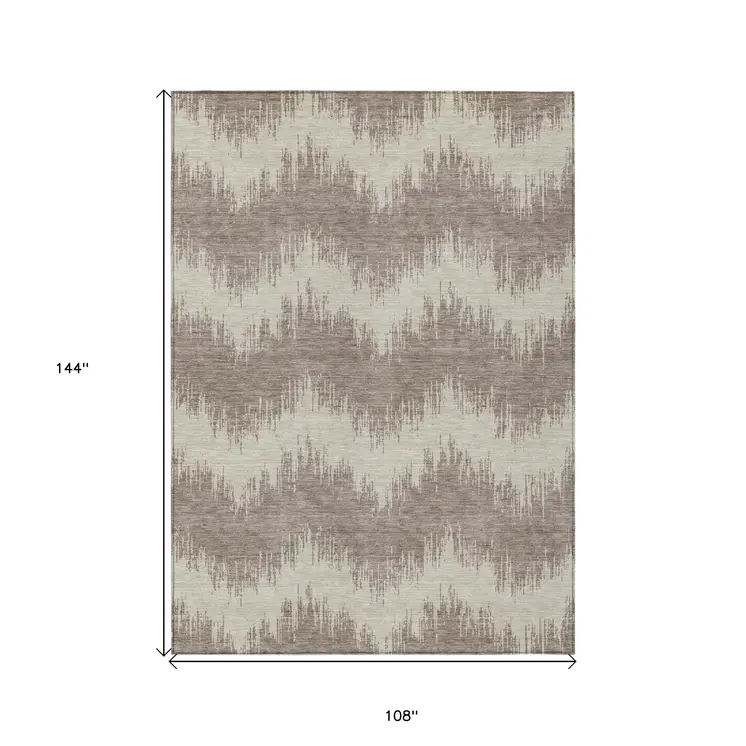 9' X 12' Taupe And Ivory Chevron Washable Indoor Outdoor Area Rug
