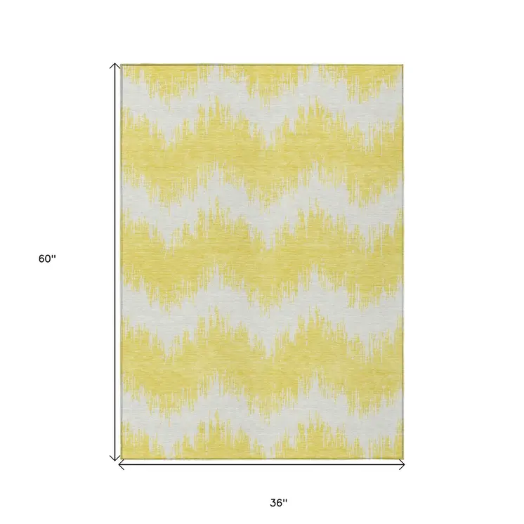3' X 5' Yellow And Gray Chevron Washable Indoor Outdoor Area Rug