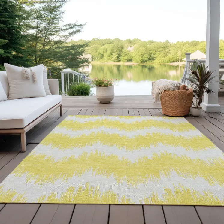 5' X 8' Yellow And Gray Chevron Washable Indoor Outdoor Area Rug