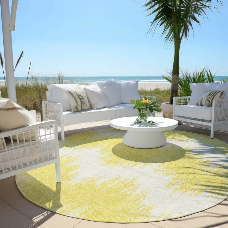 8' Yellow And Gray Round Chevron Washable Indoor Outdoor Area Rug