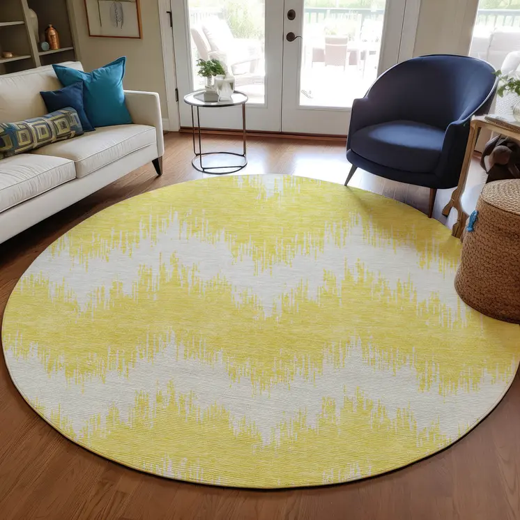 8' Yellow And Gray Round Chevron Washable Indoor Outdoor Area Rug