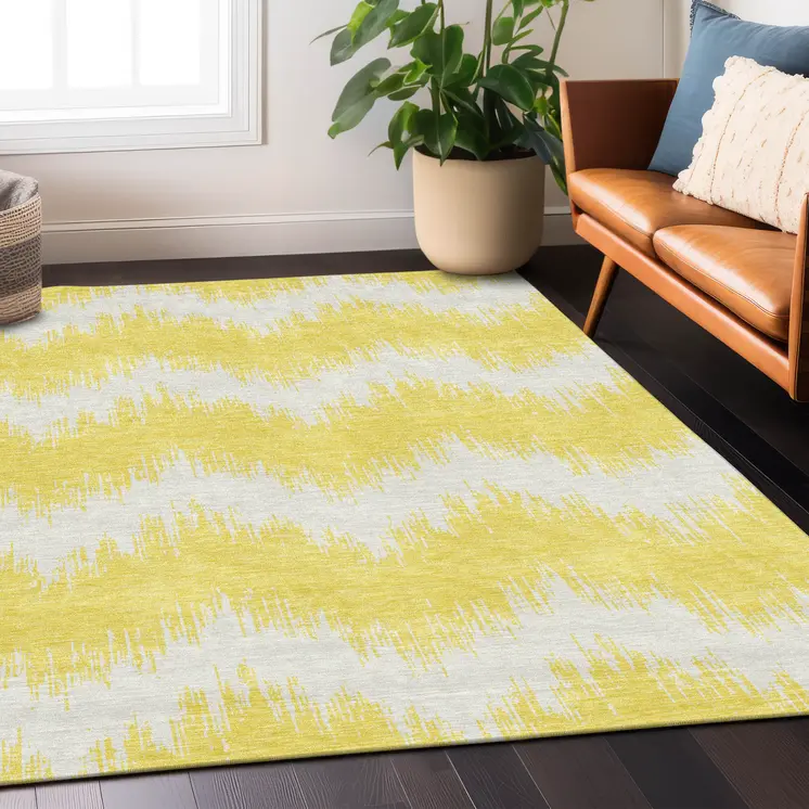 10' X 14' Yellow And Gray Chevron Washable Indoor Outdoor Area Rug