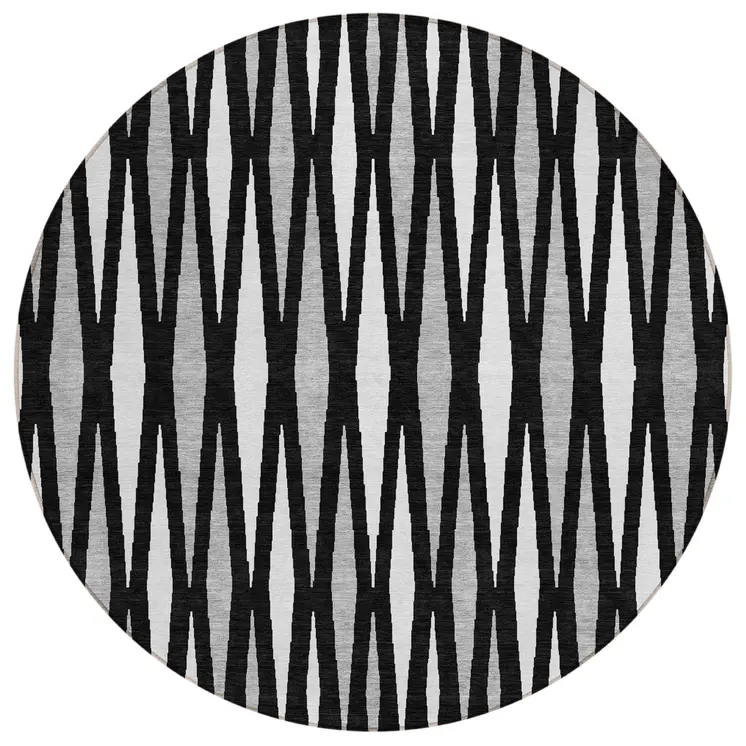 8' Black Ivory And Gray Round Geometric Washable Indoor Outdoor Area Rug