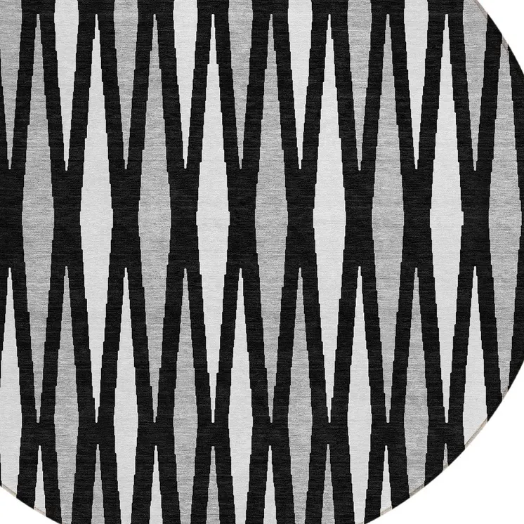 8' Black Ivory And Gray Round Geometric Washable Indoor Outdoor Area Rug