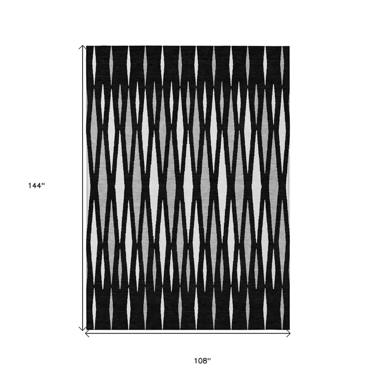 9' X 12' Black Ivory And Gray Geometric Washable Indoor Outdoor Area Rug